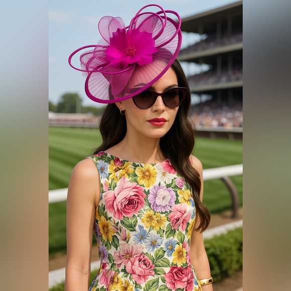 Accessories - Kentucky Derby Hat Fascinator Elegant Pink Floral Feather Ascot Oaks Headwear